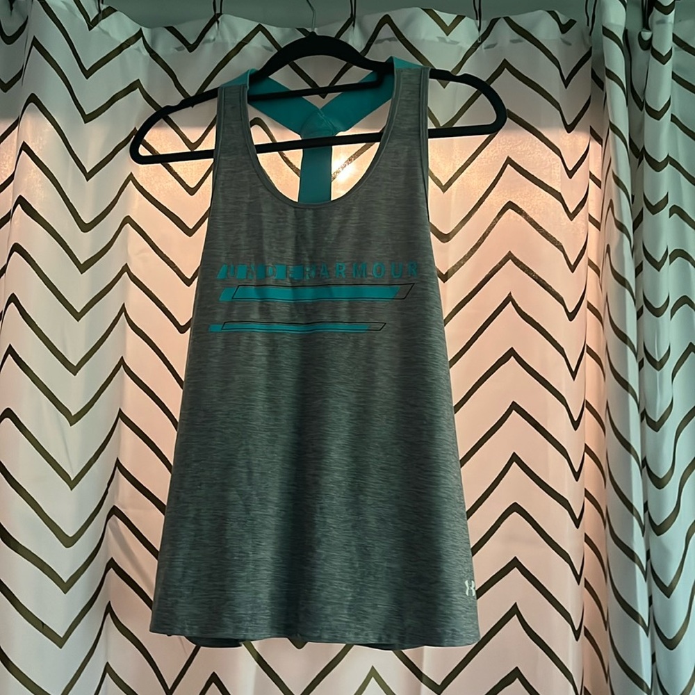 Grey and blue under armour tank top.